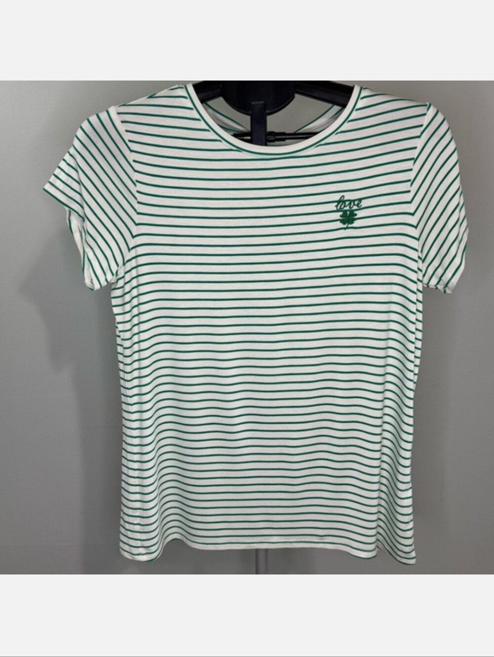 BRIT. NY Striped Green Crewneck Tee with 'Love' 4 leaf clover Embroidery Size S